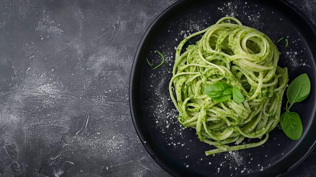 Fresh pasta with pesto sauce on a black plate. Healthy food.