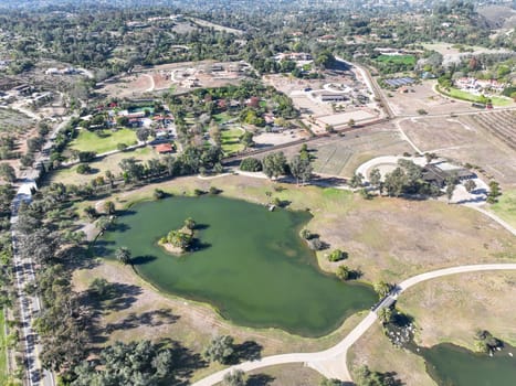 Aerial view over Rancho Santa Fe super wealthy town in San Diego, California, USA