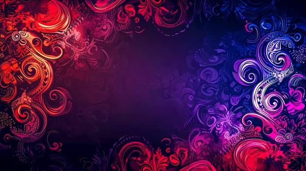 ornate banner with a dynamic swirl of colors ranging from deep purples to fiery reds and oranges, intricate floral and paisley patterns, perfect for a background that combines energy with elegance