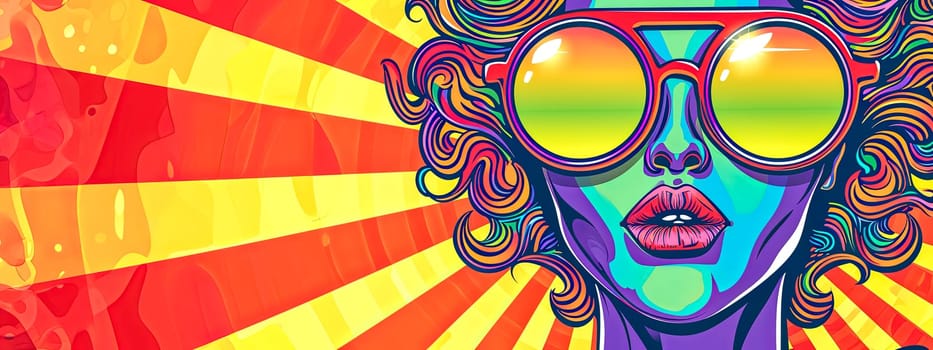 Pstylized female face with psychedelic features, oversized round sunglasses reflecting a sunset, and swirling, colorful hair patterns set against a radiant striped background