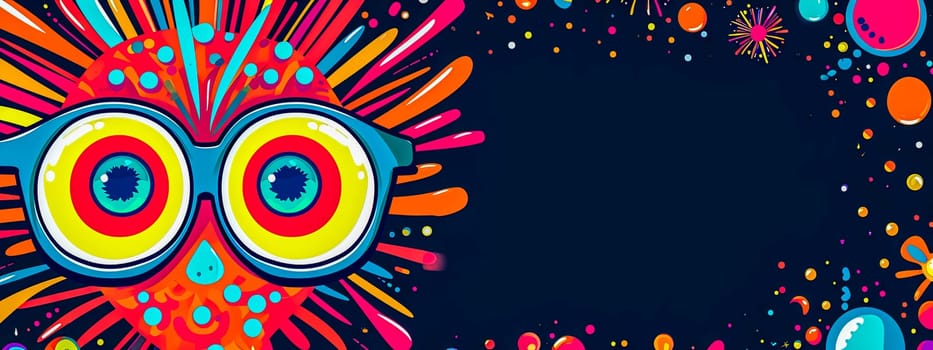 A colorful, abstract depiction of owl-like eyes with circular patterns and a surrounding explosion of vivid shapes and splatters against a dark background with scattered festive elements