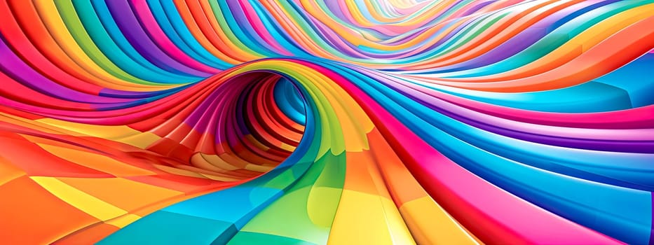 A captivating digital artwork featuring a mesmerizing swirl of layered, satin-like ribbons in a spectrum of rainbow colors creating a dynamic and flowing abstract composition.