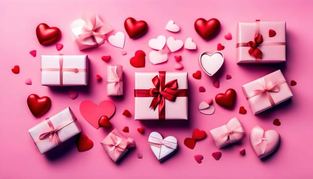 Valentine's Day Gifts and Decorations on Pink Background Created by artificial intelligence