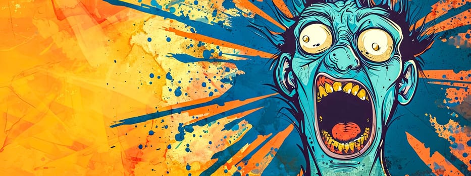 character with bulging eyes, a gaping mouth, and a startled expression, set against a dynamic orange and blue splattered paint backdrop