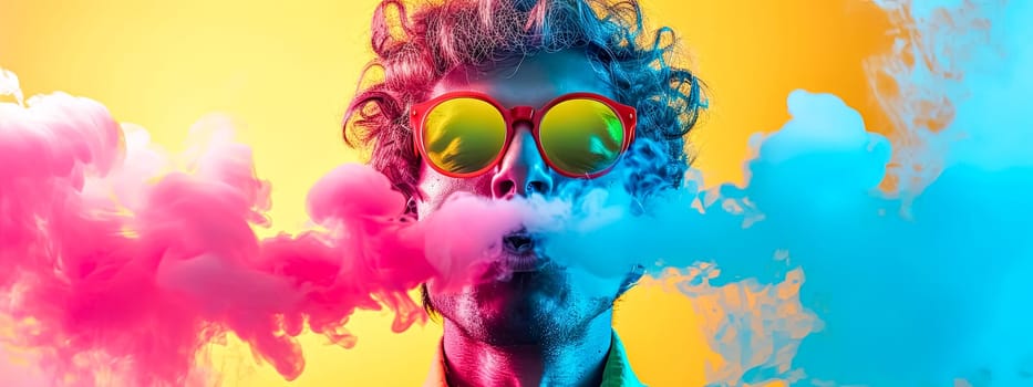 person exhaling colorful smoke, with red sunglasses on, amidst a vibrant backdrop of yellow, pink, and blue hues, creating a surreal and psychedelic visual effect