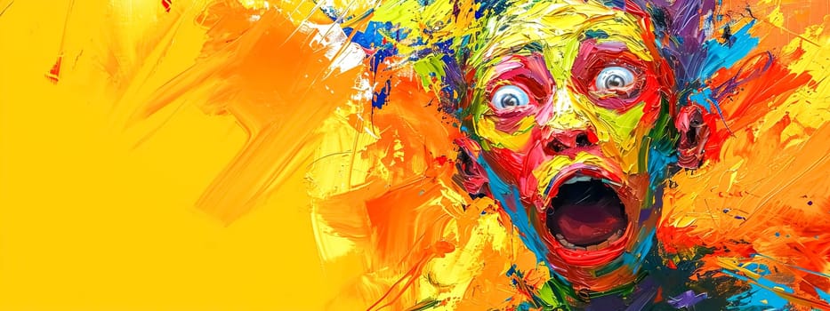 abstract expressionist painting portraying a face in a state of shock or surprise, with a chaotic mix of bright colors splashed across the canvas, set against a vivid yellow background.