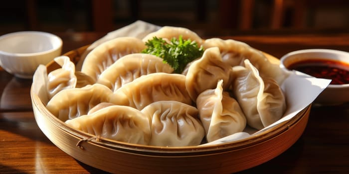 delicious Chinese dumplings on plate. ai generated