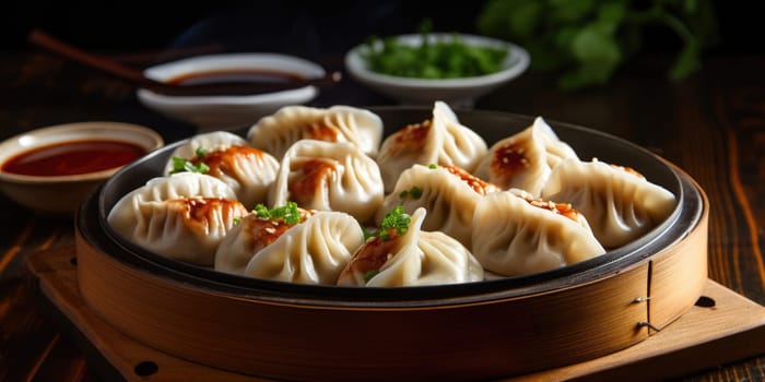 delicious Chinese dumplings on plate. ai generated