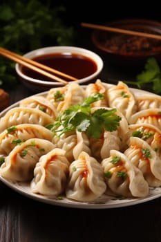 delicious Chinese dumplings on plate. ai generated