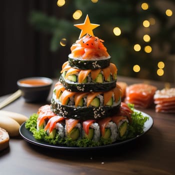 Christmas tree made of sushi, front view. ai generated