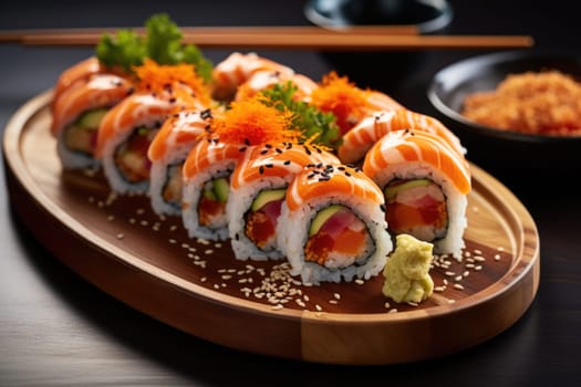platter of sushi rolls on gray cement background. ai generated