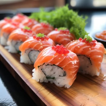 platter of sushi rolls on gray cement background. ai generated