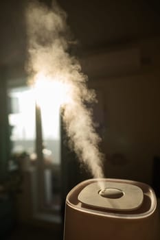 A humidifier evaporates moisture in the bedroom. Vertical photo