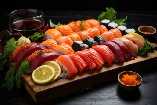 platter of sushi rolls on gray cement background. ai generated
