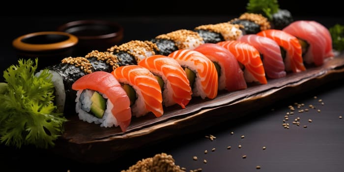 platter of sushi rolls on gray cement background. ai generated