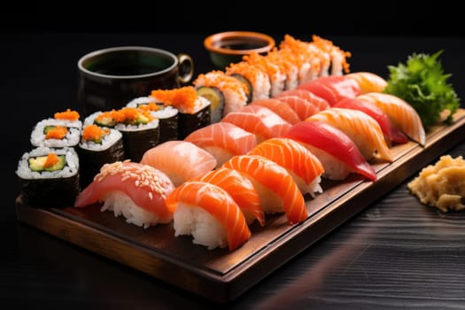 platter of sushi rolls on gray cement background. ai generated