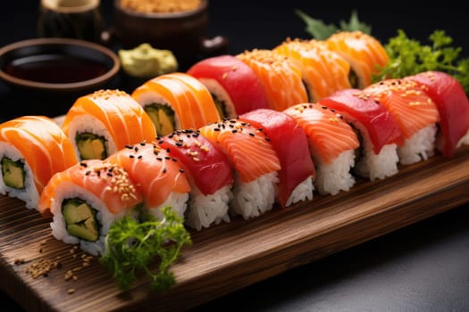 platter of sushi rolls on gray cement background. ai generated