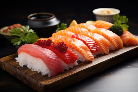 platter of sushi rolls on gray cement background. ai generated