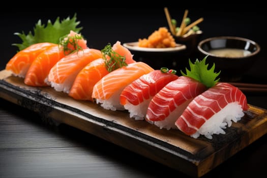 platter of sushi rolls on gray cement background. ai generated