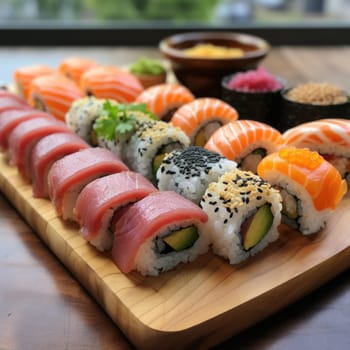 platter of sushi rolls on gray cement background. ai generated