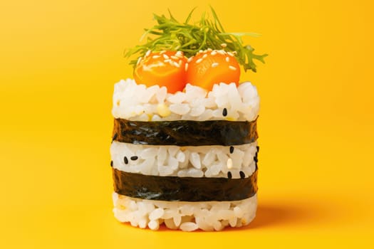 sushi roll on yellow background, minimal style. ai generated