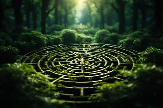 Round green labyrinth in nature with a light source in the center.