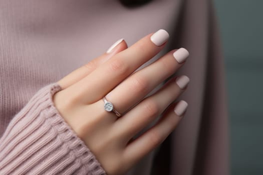 Close-up of the hands of a young woman with a gentle nude manicure on her nails. ai generated