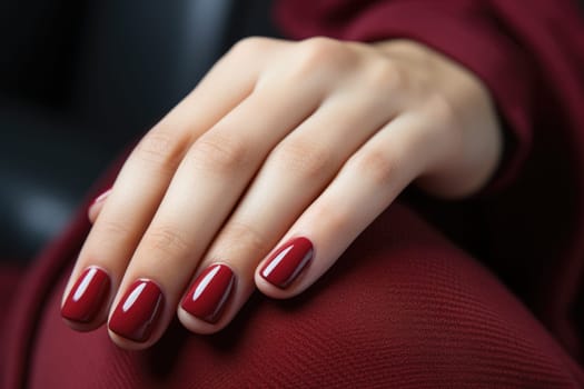 Close-up of the hands of a young woman with bright red manicure on her nails. ai generated