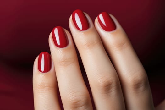 Close-up of the hands of a young woman with bright red manicure on her nails. ai generated