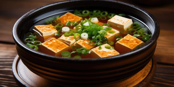 Japanese miso soup in a white bowl on the table. ai generated