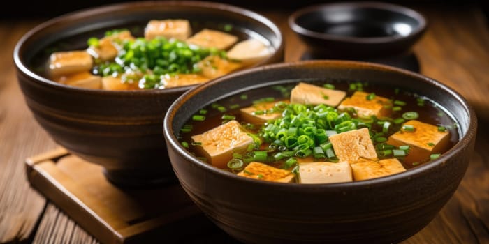 Japanese miso soup in a white bowl on the table. ai generated