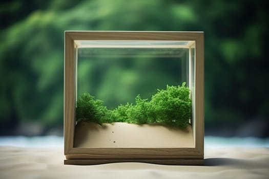 Green moss in a glass cube on the sand. Climate and ecology concept.
