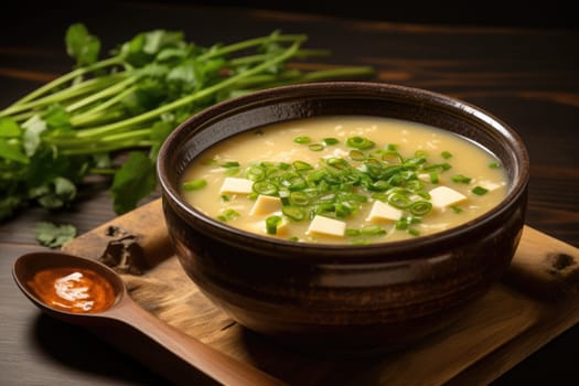 Japanese miso soup in a white bowl on the table. ai generated