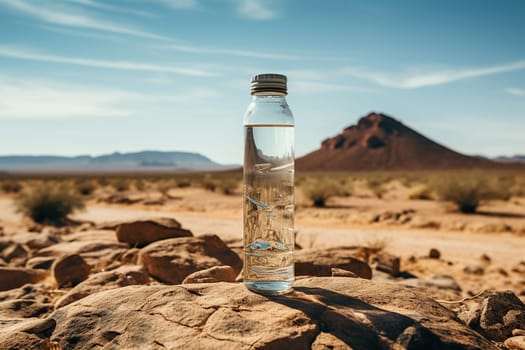 Glass bottle with water in the desert on a stone.
