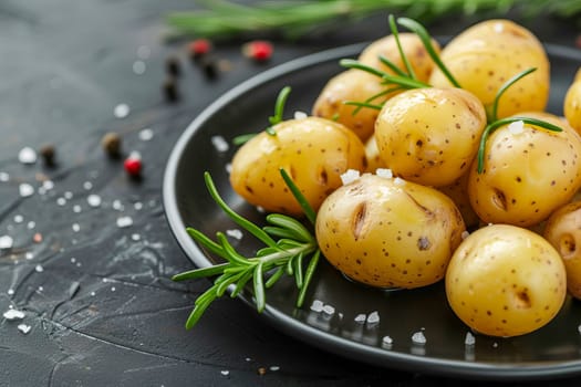 Boiled baby potatoes with rosemary and sea salt on a black plate, black concrete background. Healthy diet. Vegetarianism.