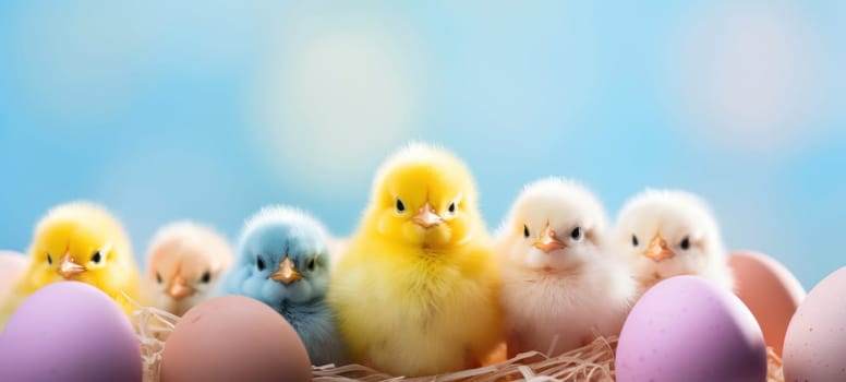 Fluffy yellow and blue chicks surrounded by pastel-colored Easter eggs on a soft blue background.