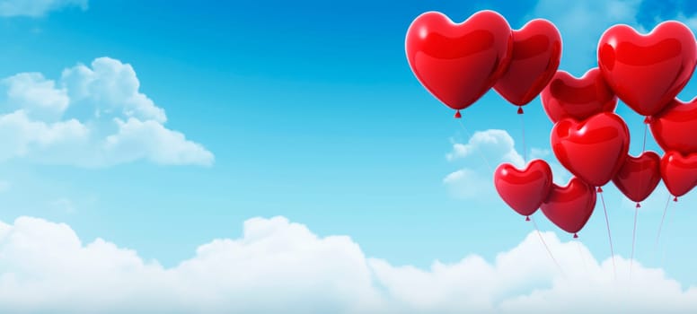 Red heart-shaped balloons floating against a clear blue sky