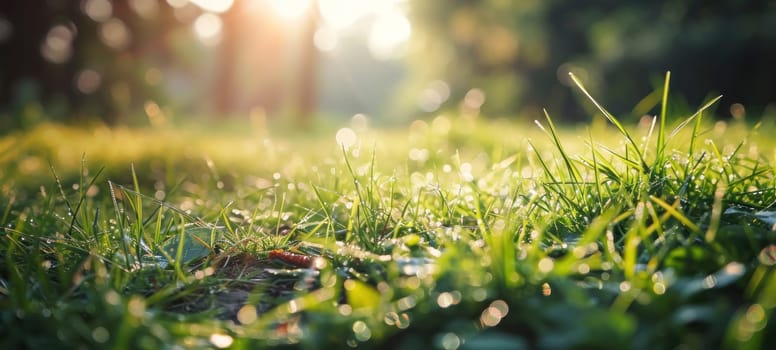Sunbeams illuminate a fresh grassy field with morning dew
