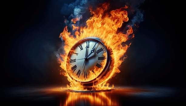 A clock dial ablaze, symbolizing time's ephemeral essence