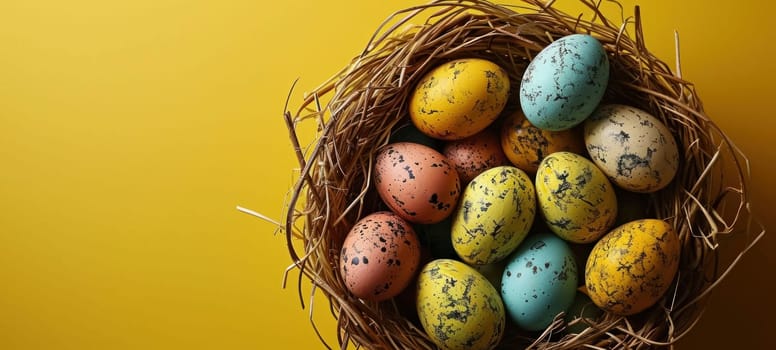 A vibrant Easter celebration with a basket full of decorated eggs against a yellow background.