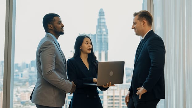 Ornamented office overlooking city skyline, diversity corporate professional discuss ambitious business expansion or strategic marketing. Financial advisor give consulting business insights and idea