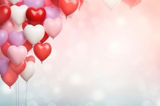 A cluster of heart-shaped balloons in shades of red and pink on a soft, bokeh background