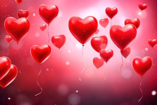 Enchanting red heart balloons rise in a magical pink mist, creating a whimsical and romantic atmosphere.