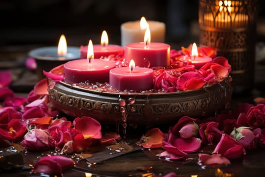 A tranquil spa atmosphere with pink and red rose petals floating in water surrounded by glowing candles, for relaxation and romance.