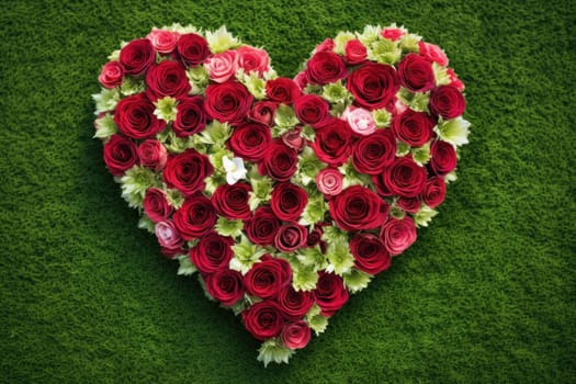 Heart-shaped arrangement of red roses and greenery on grass, evoking romantic and festive sentiments.