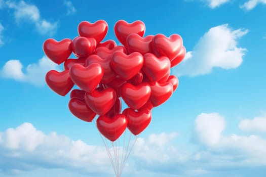 A beautiful cluster of red heart-shaped balloons soaring into the clear blue sky, symbolizing love and celebration.