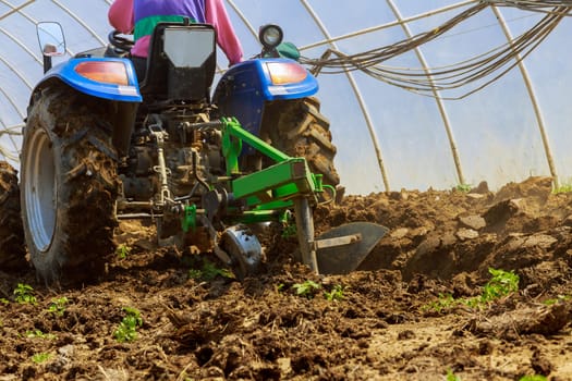 Tractor plows the land after applying organic fertilizers to the soil. Fertilizing the soil in the greenhouse with manure.