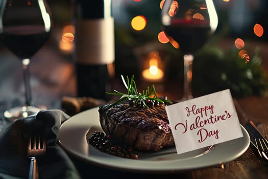 Valentines Day supreme luxurious dinner of steak and wine in restaurant pragma