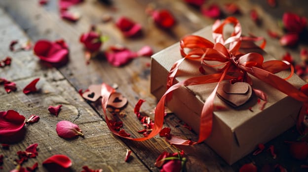 Enchanting Surprise, Unwrapping the Joy of a Crimson Ribboned Gift Box on Rustic Wood - Valentine's day concept - Generative AI