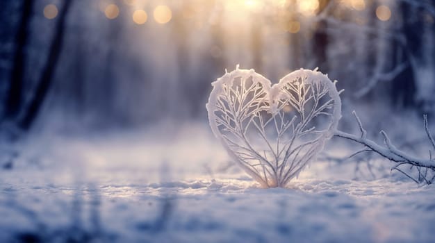 A delicate frost-covered heart-shaped branch amidst a snowy landscape at dawn - Generative AI